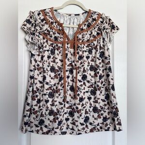 Floral Ruffle Sleeve Top - Black and Brown